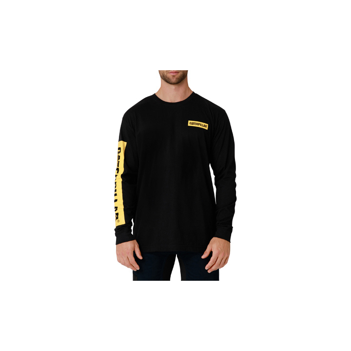 T-Shirts Męskie Caterpillar Icon Block Long Sleeve Black/Yellow | PL-0263